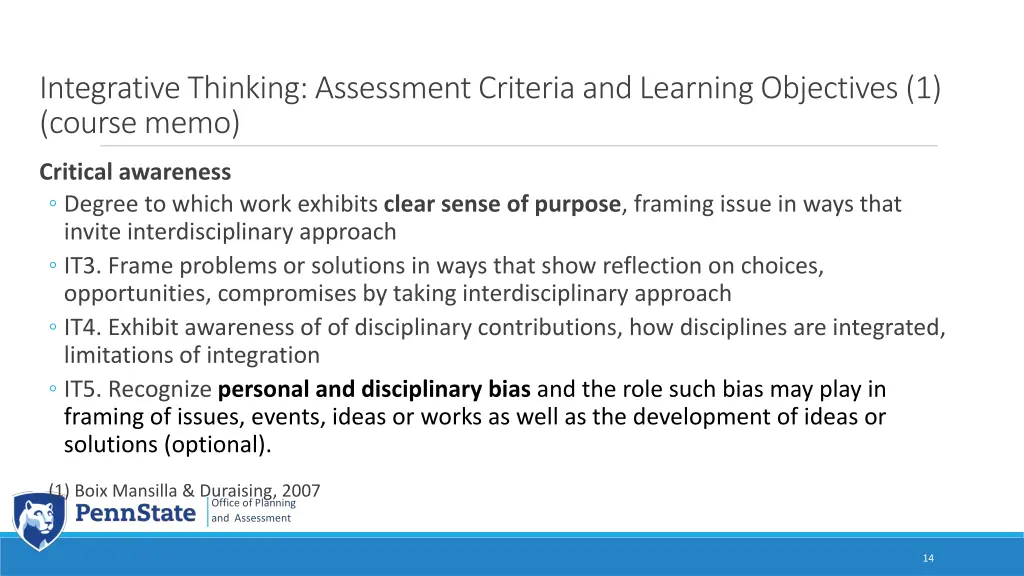 integrative thinking assessment criteria 1