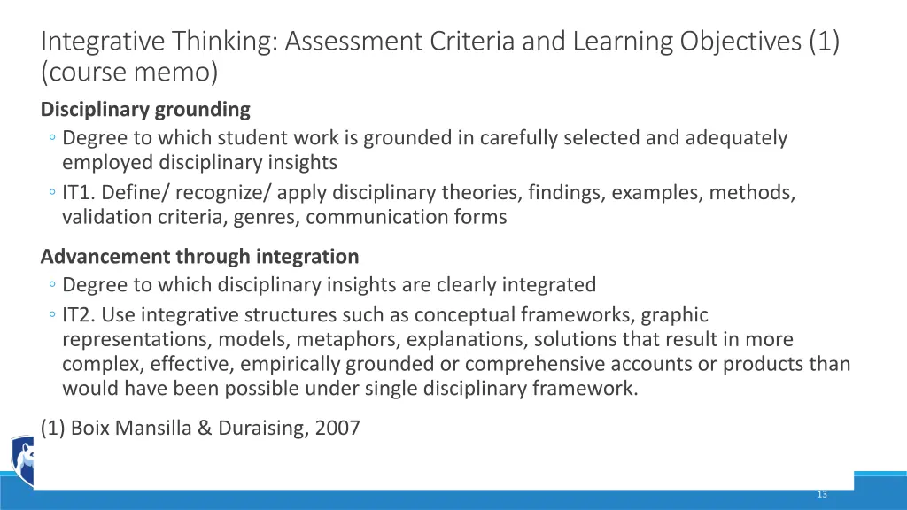 integrative thinking assessment criteria