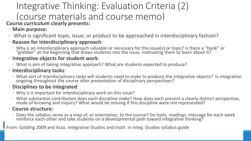 integrative thinking evaluation criteria 2 course