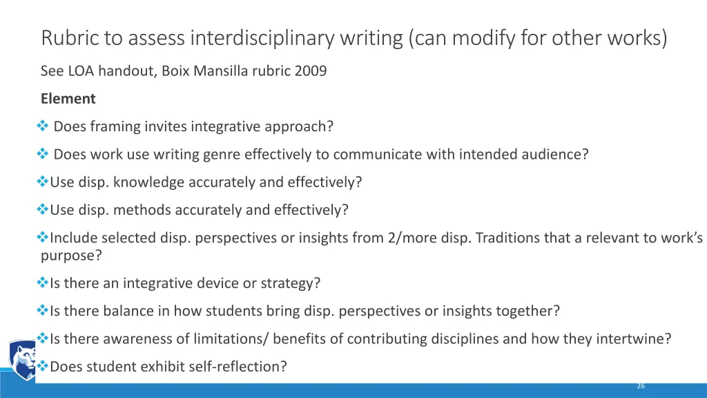 rubric to assess interdisciplinary writing