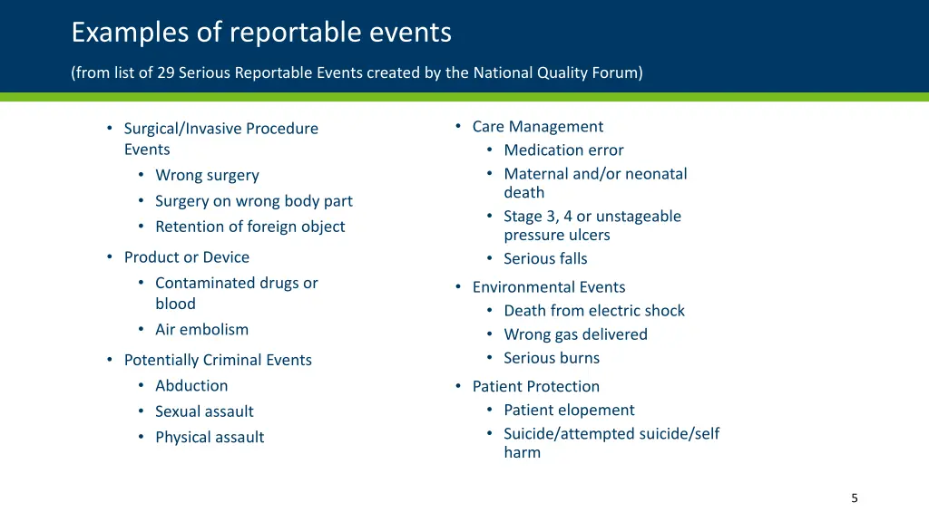 examples of reportable events from list