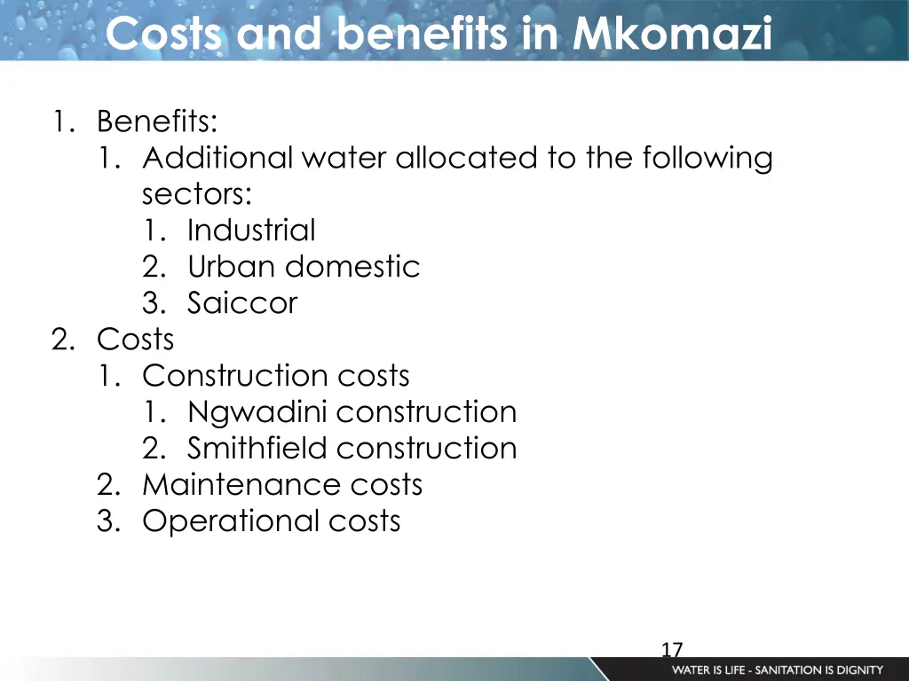 costs and benefits in mkomazi