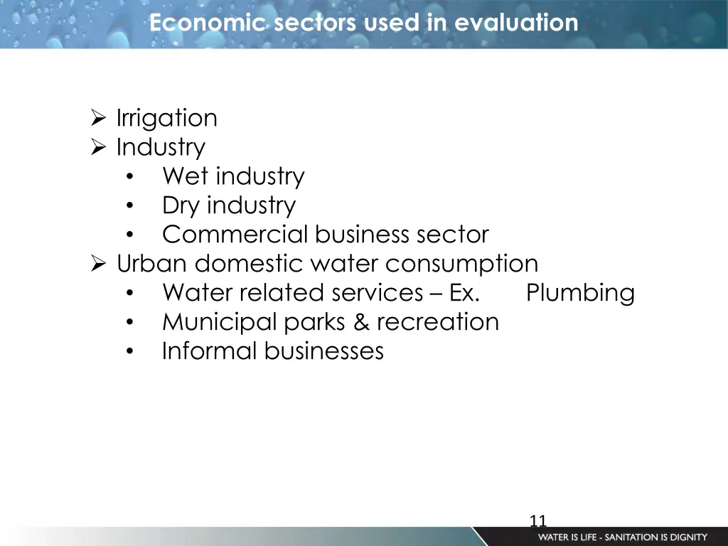 economic sectors used in evaluation