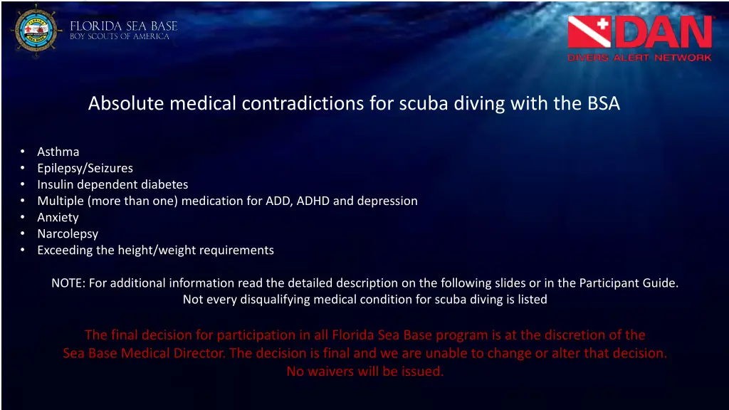 absolute medical contradictions for scuba diving