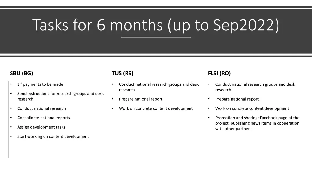 tasks for 6 months up to sep2022