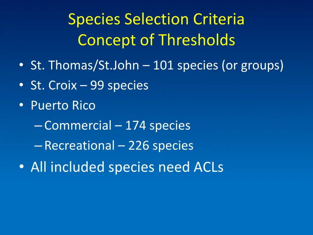 species selection criteria concept of thresholds