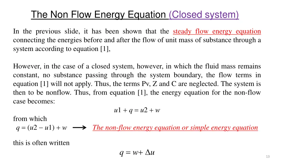 the non flow energy equation closed system