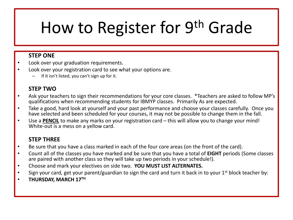 how to register for 9 th grade