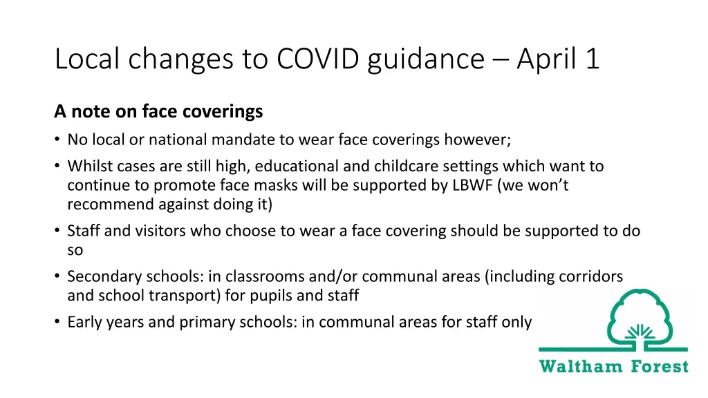 local changes to covid guidance april 1 1