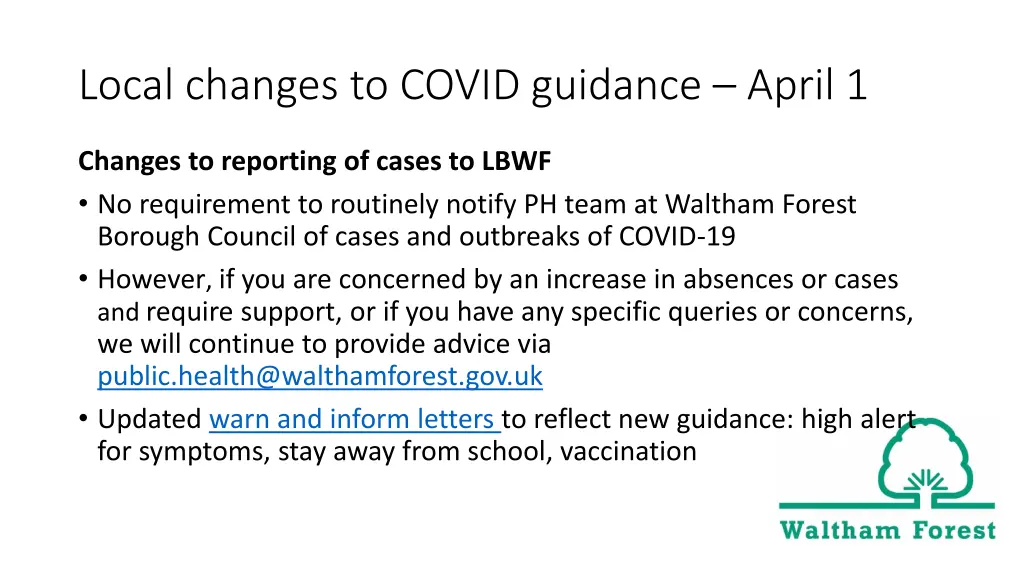 local changes to covid guidance april 1