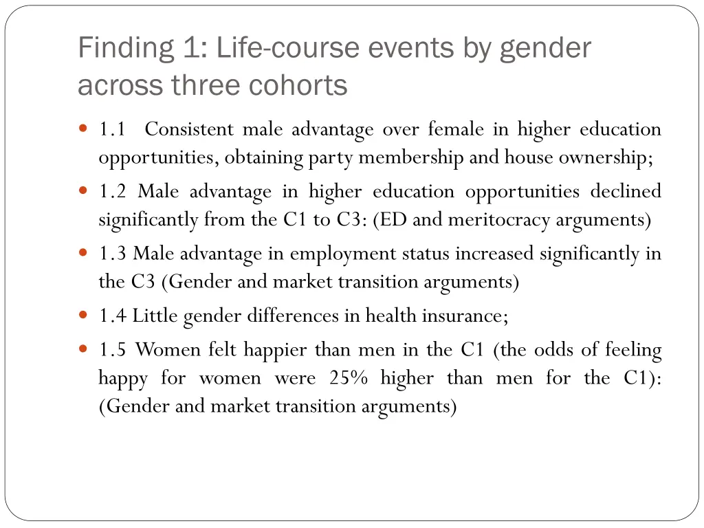 finding 1 life course events by gender across