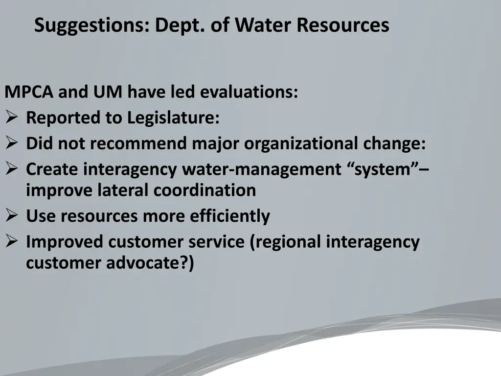 suggestions dept of water resources