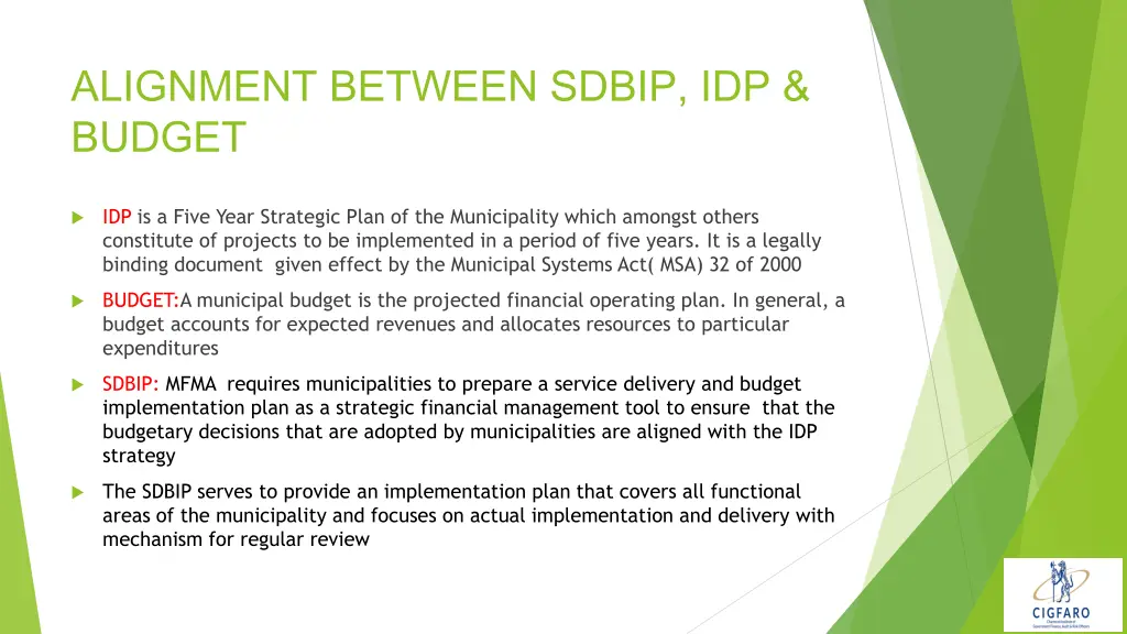 alignment between sdbip idp budget