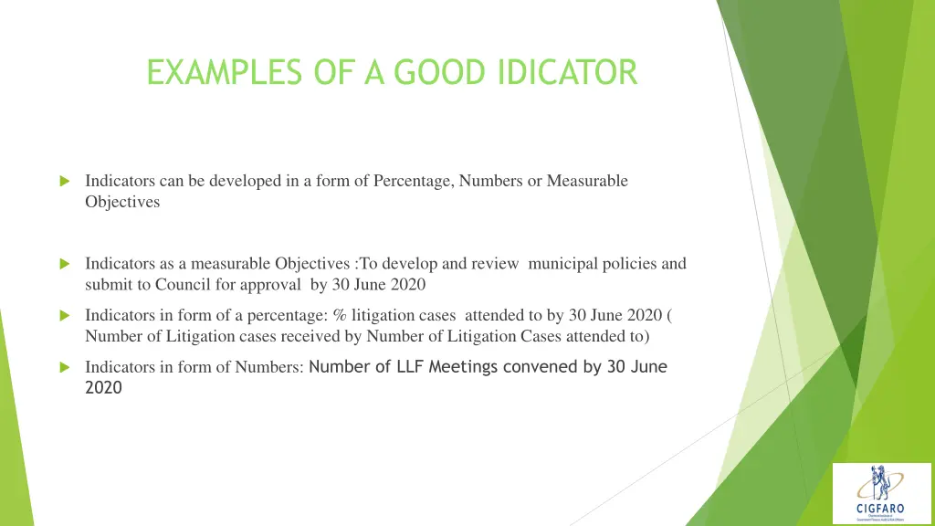examples of a good idicator