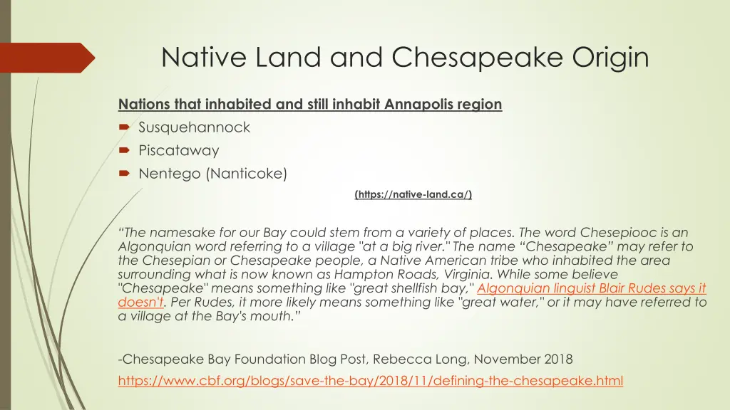 native land and chesapeake origin