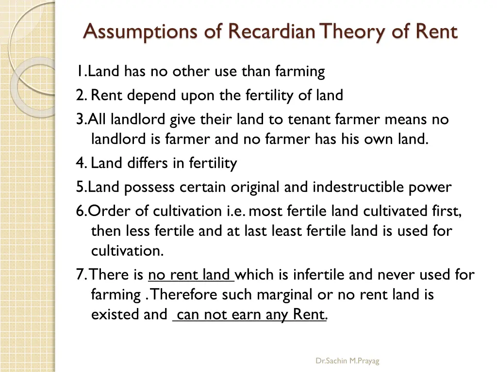 assumptions of recardian theory of rent