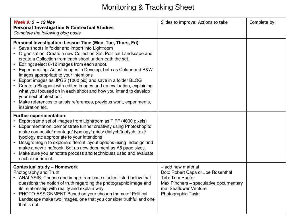 monitoring tracking sheet