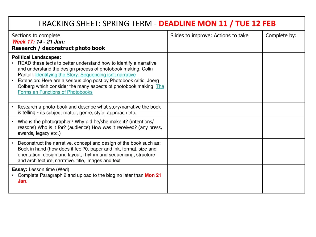 tracking sheet spring term deadline 1