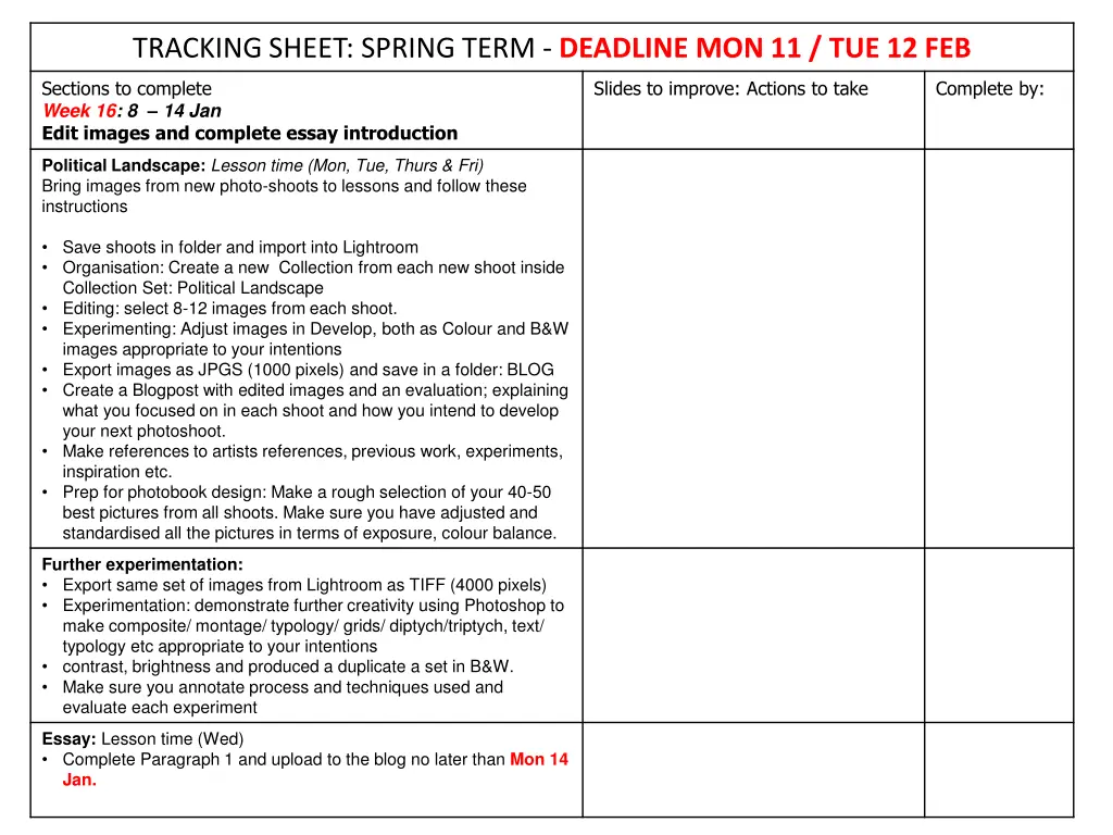 tracking sheet spring term deadline