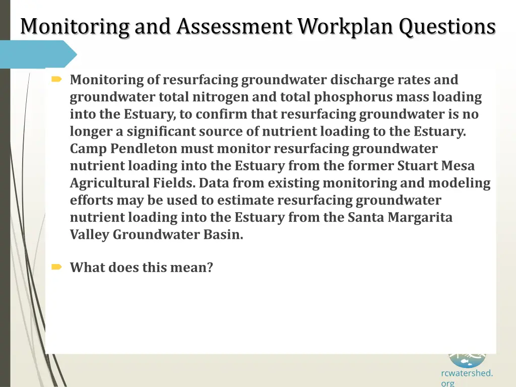 monitoring and assessment workplan questions 1