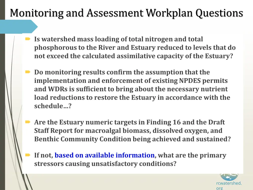 monitoring and assessment workplan questions