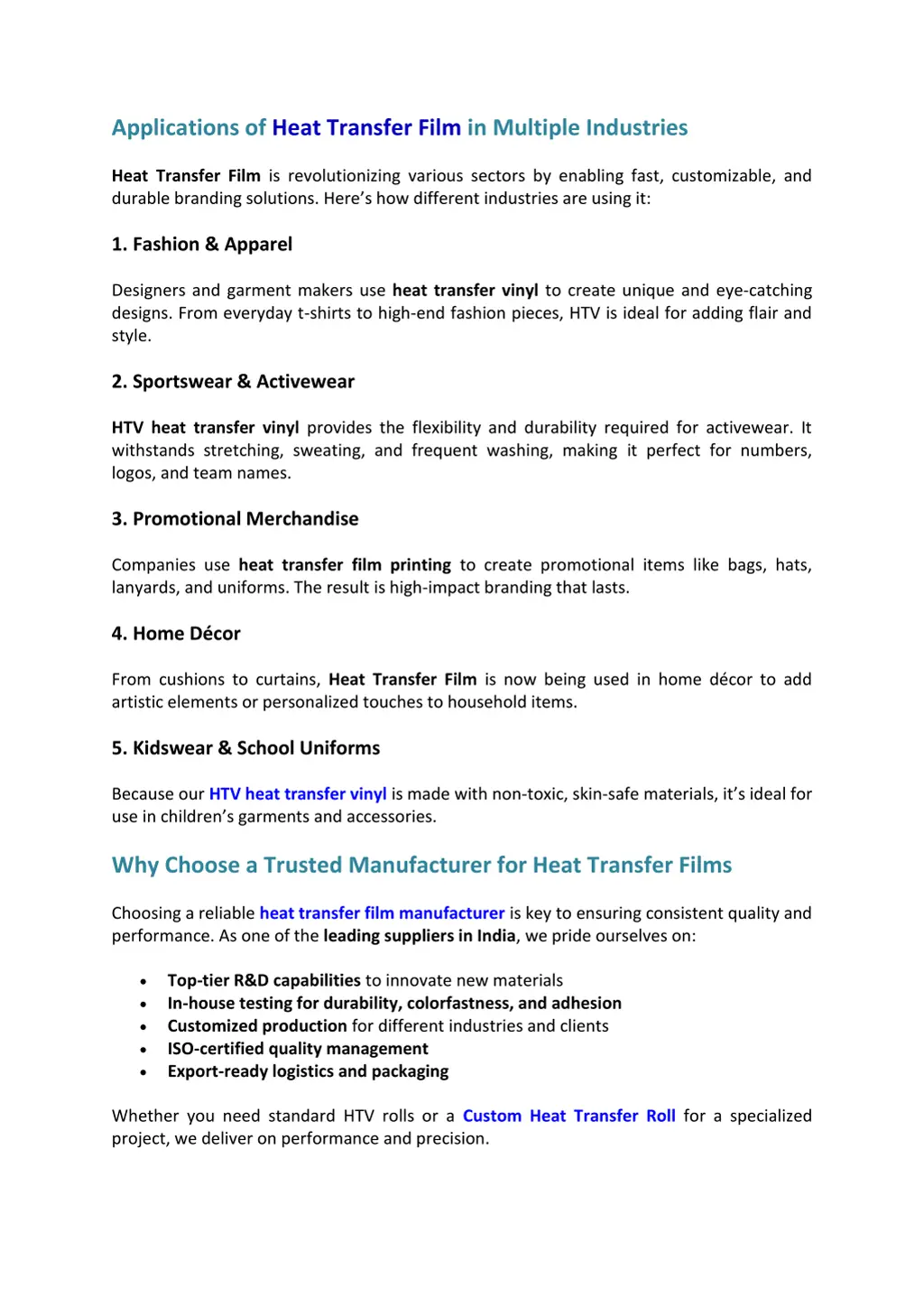 applications of heat transfer film in multiple