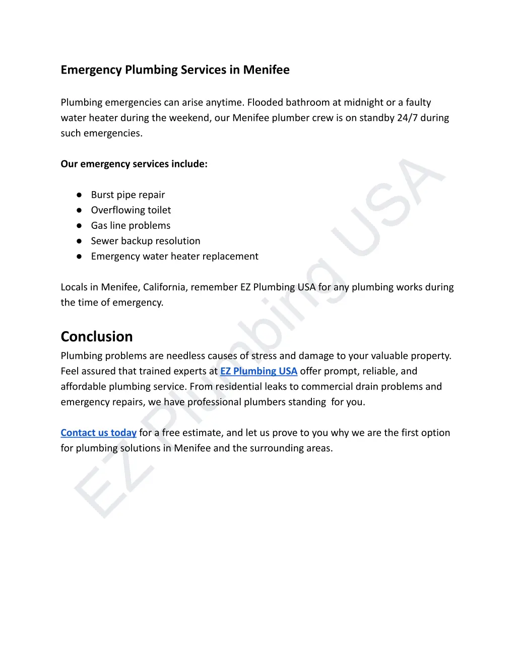 emergency plumbing services in menifee plumbing