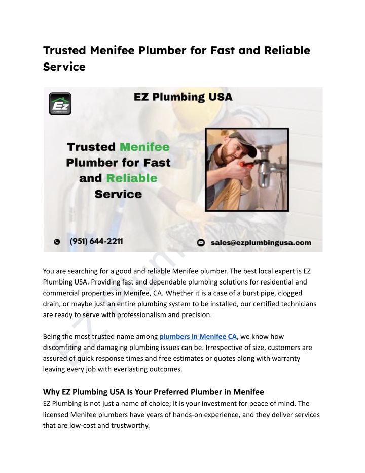 trusted menifee plumber for fast and reliable