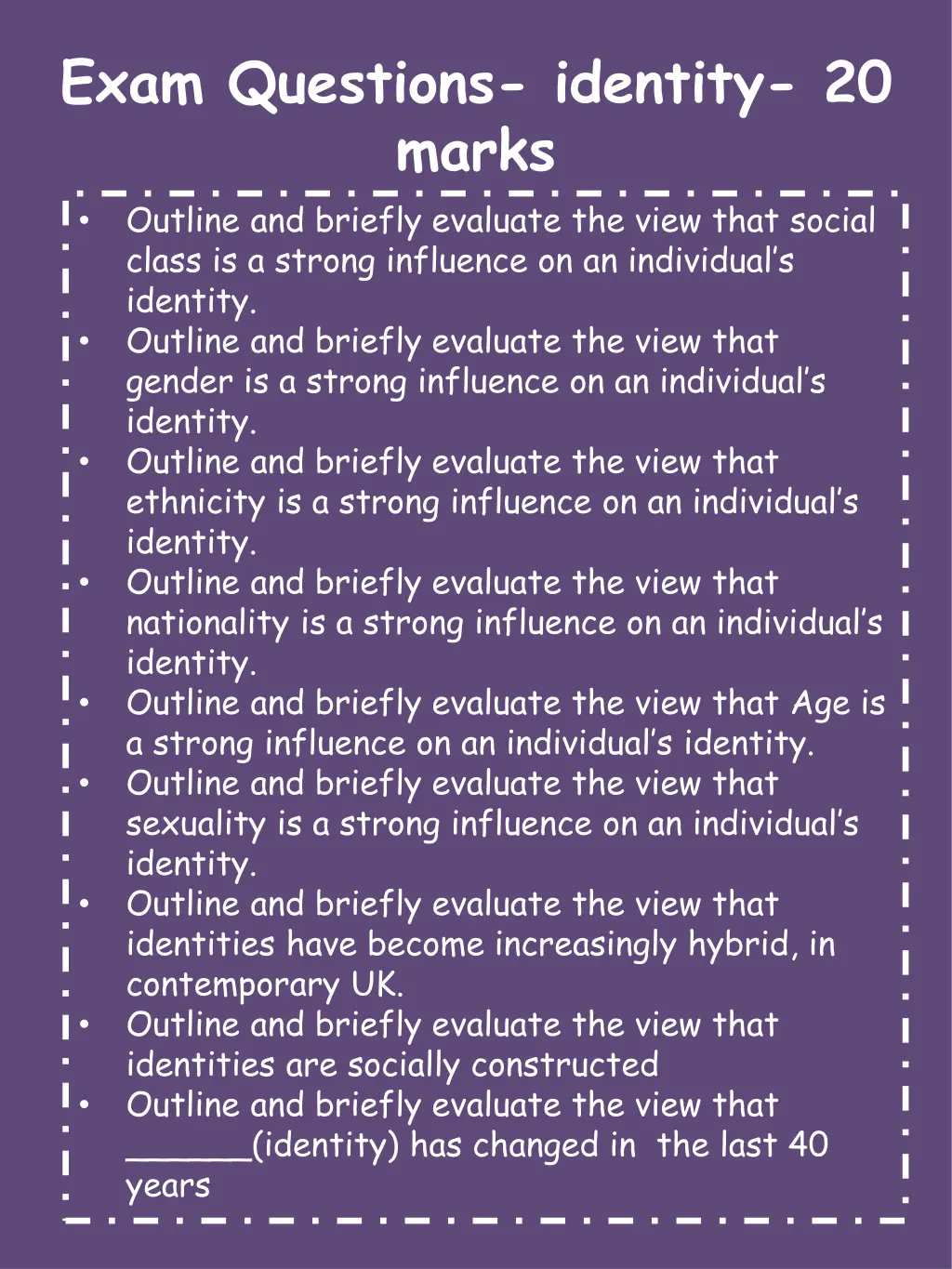 exam questions identity 20 marks outline
