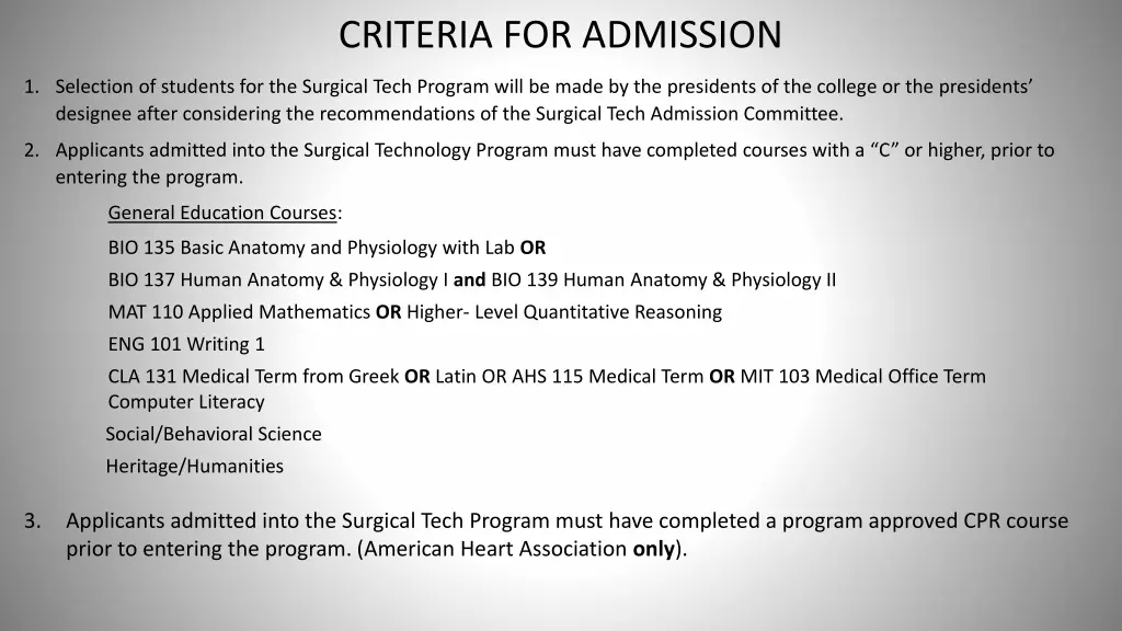 criteria for admission