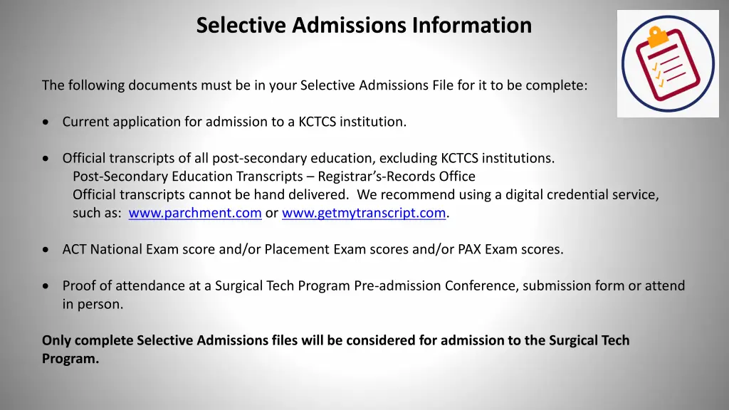 selective admissions information