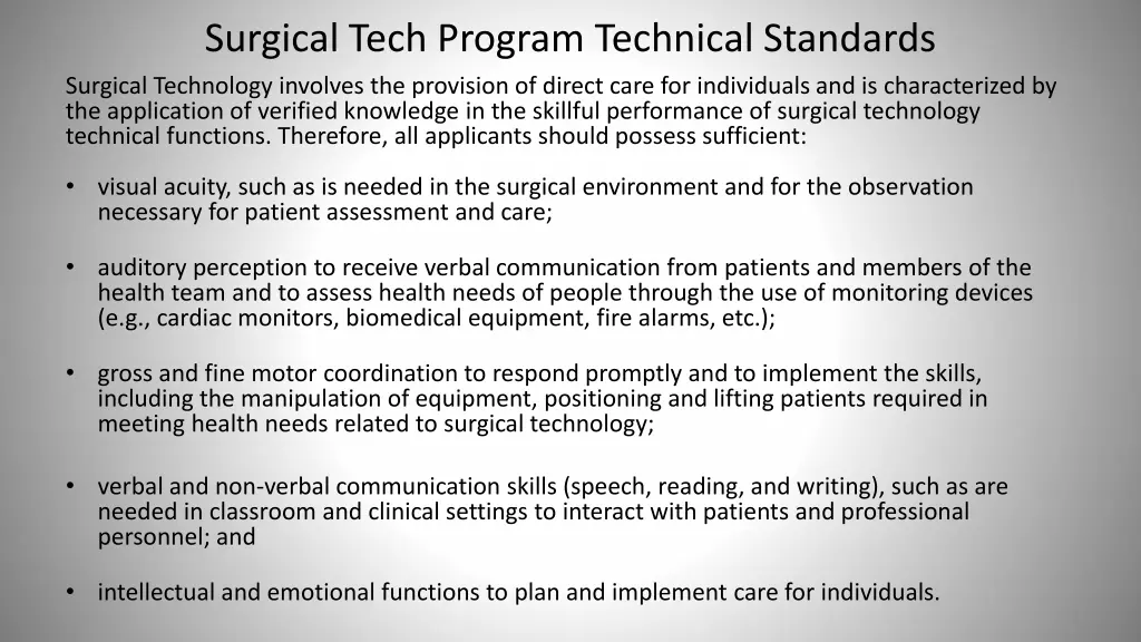 surgical tech program technical standards