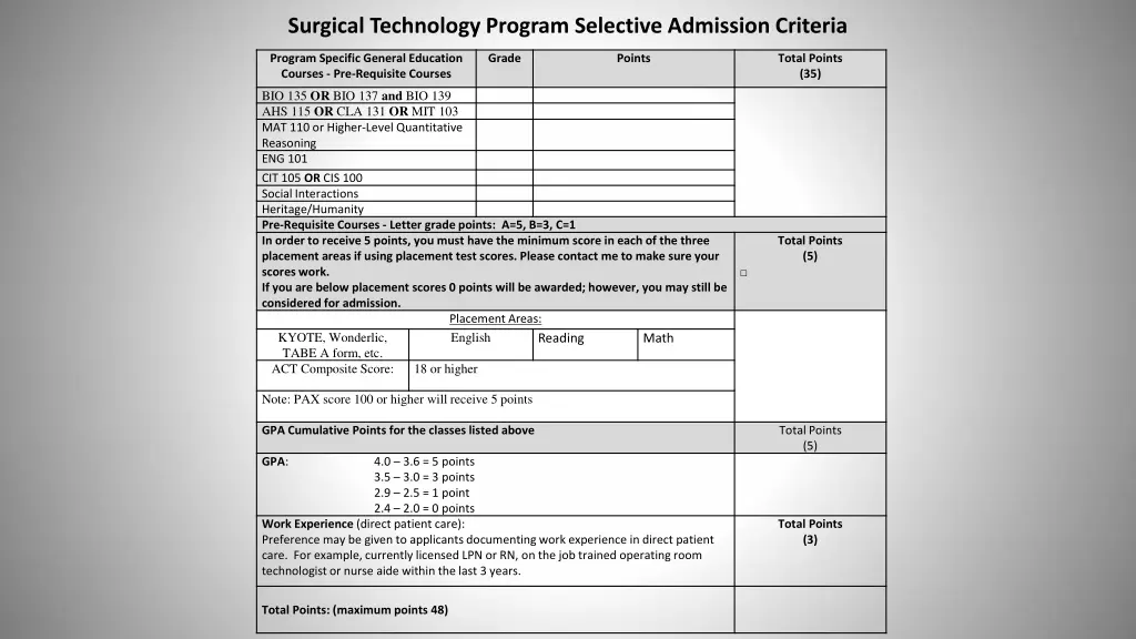 surgical technology program selective admission