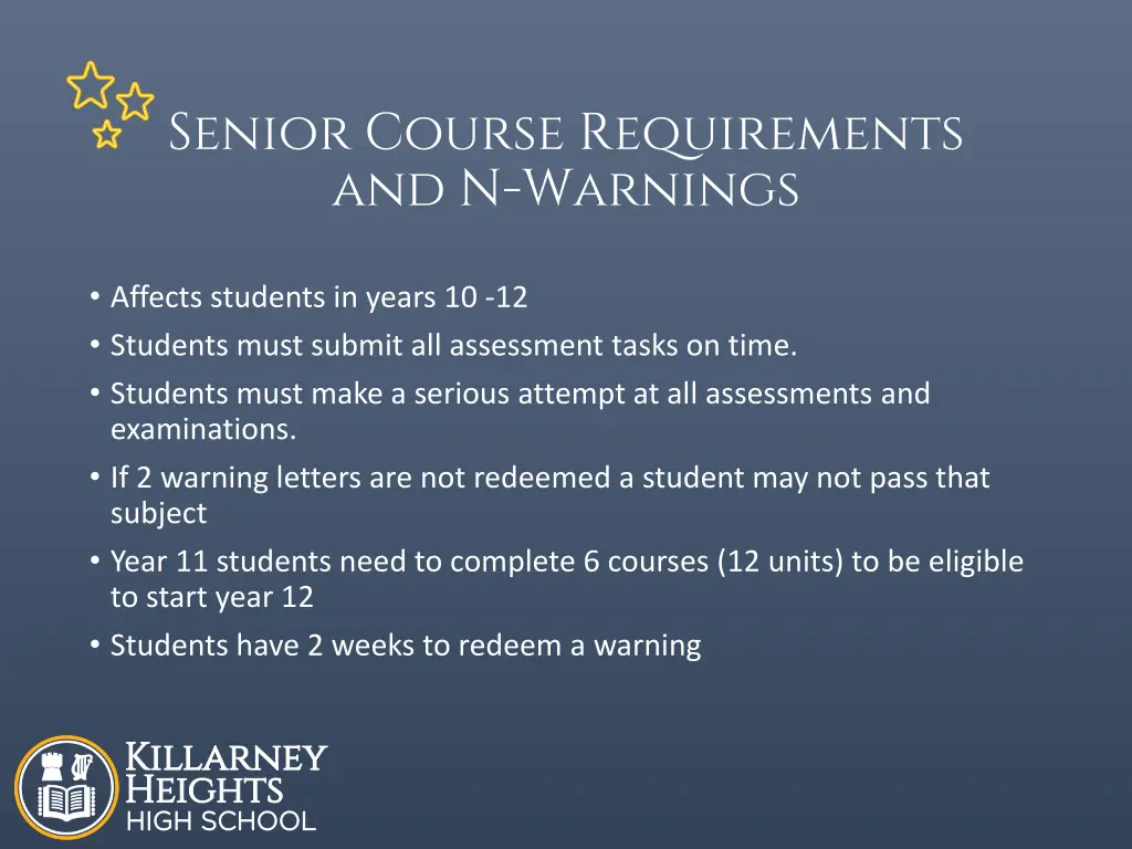 senior course requirements and n warnings