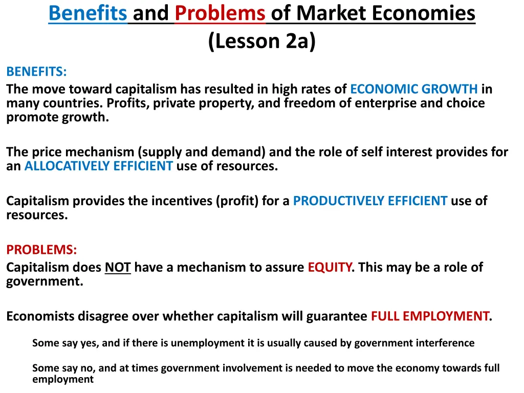 benefits and problems of market economies lesson