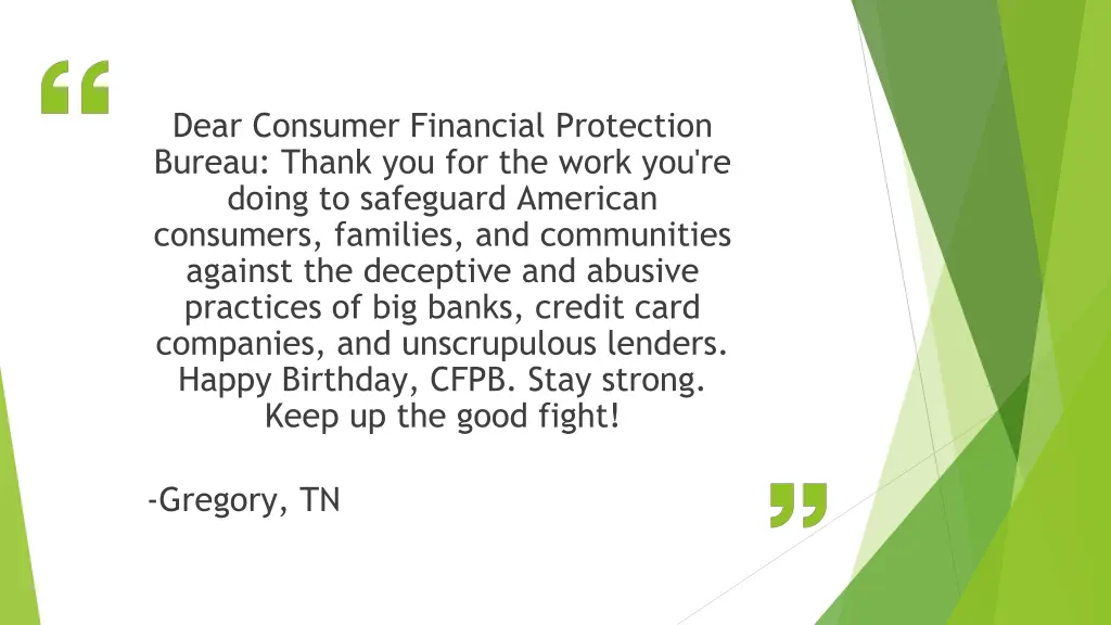 dear consumer financial protection bureau thank