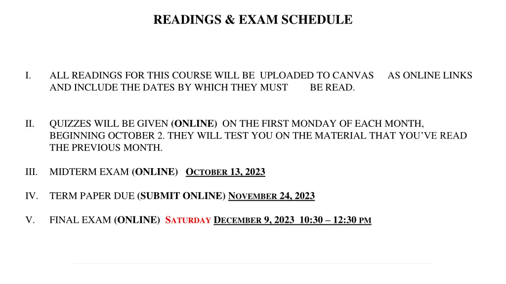 readings exam schedule