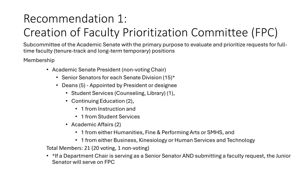recommendation 1 creation of faculty