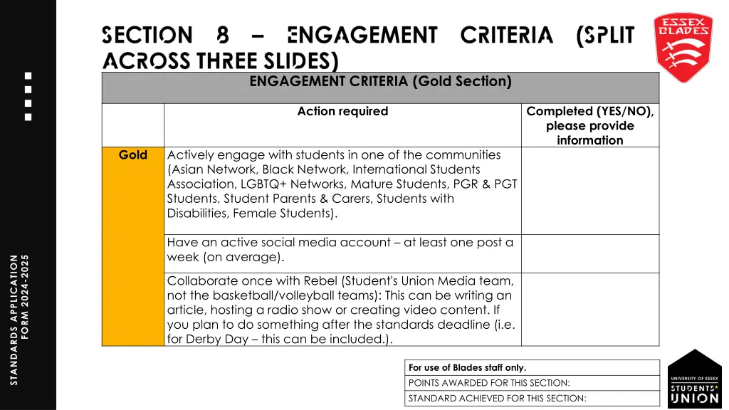 engagement criteria gold section