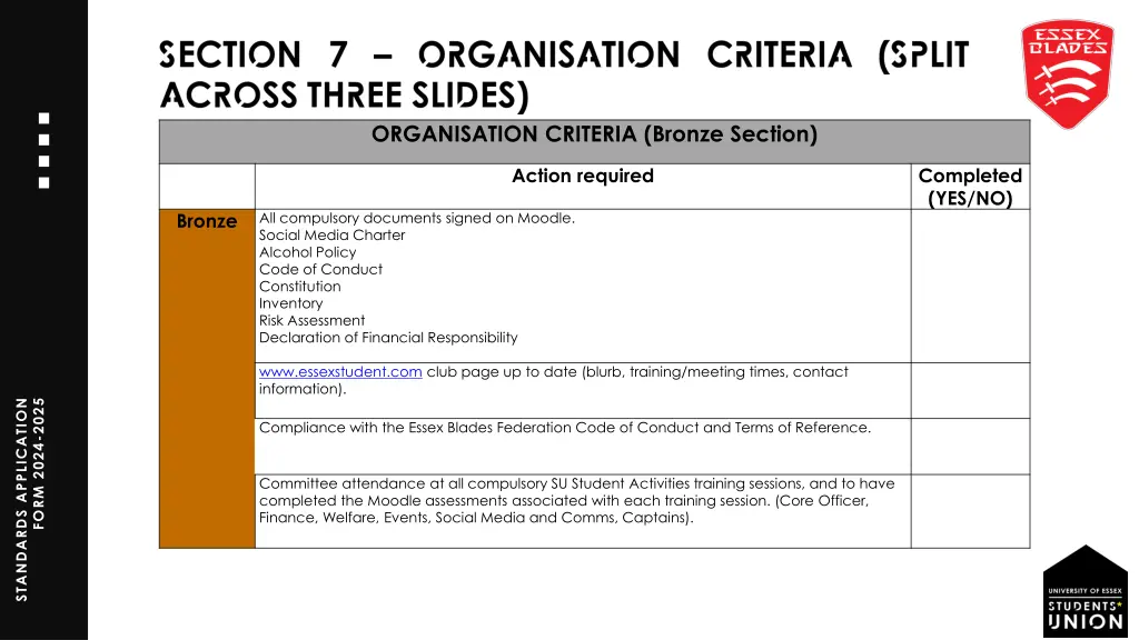 organisation criteria bronze section