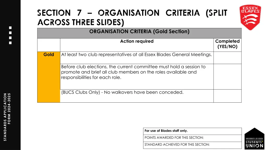 organisation criteria gold section