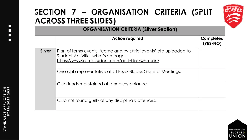 organisation criteria silver section