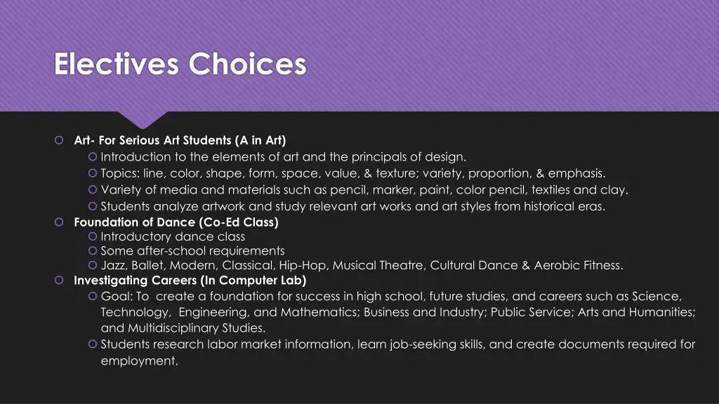 electives choices
