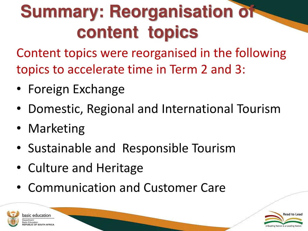 summary reorganisation of content topics content