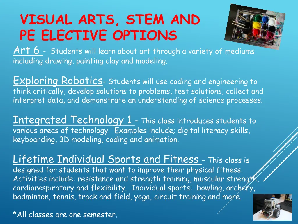 visual arts stem and pe elective options