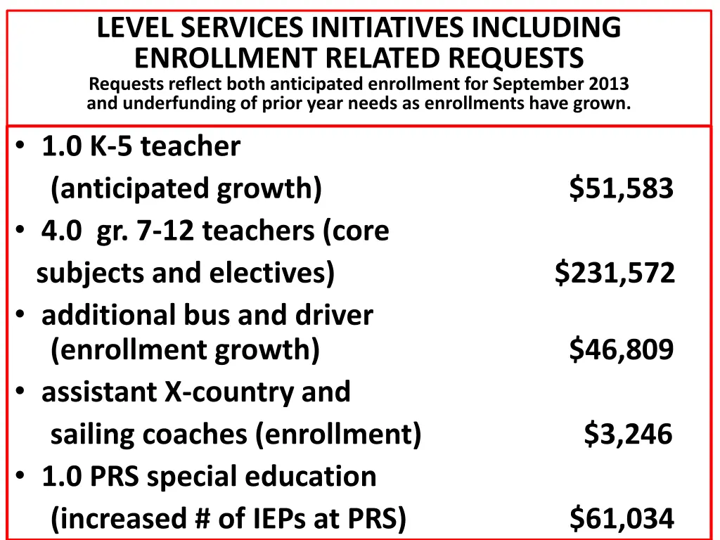 level services initiatives including enrollment