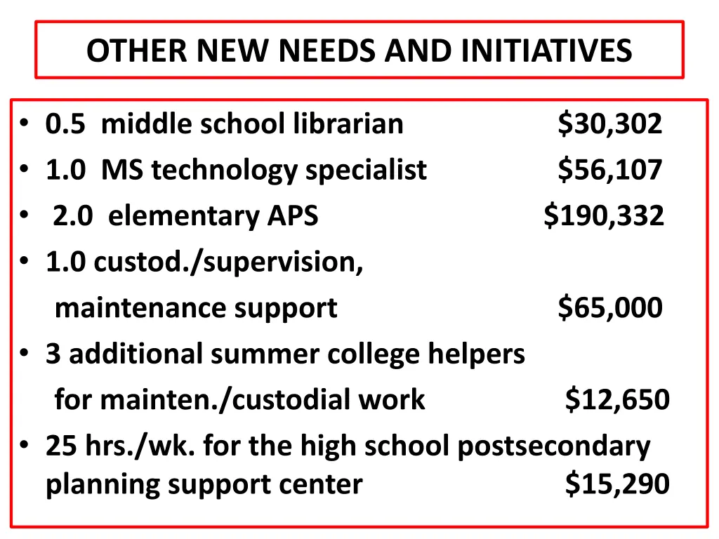other new needs and initiatives