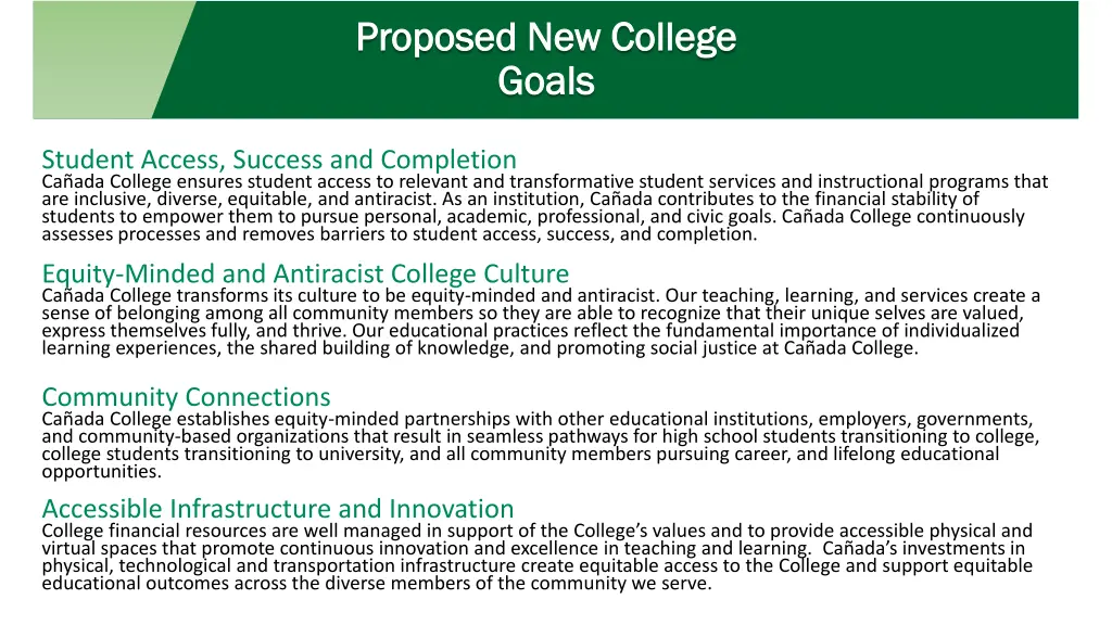 proposed new college proposed new college goals