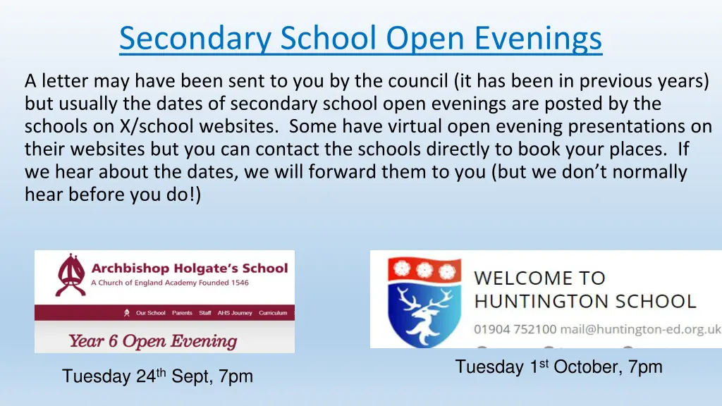 secondary school open evenings