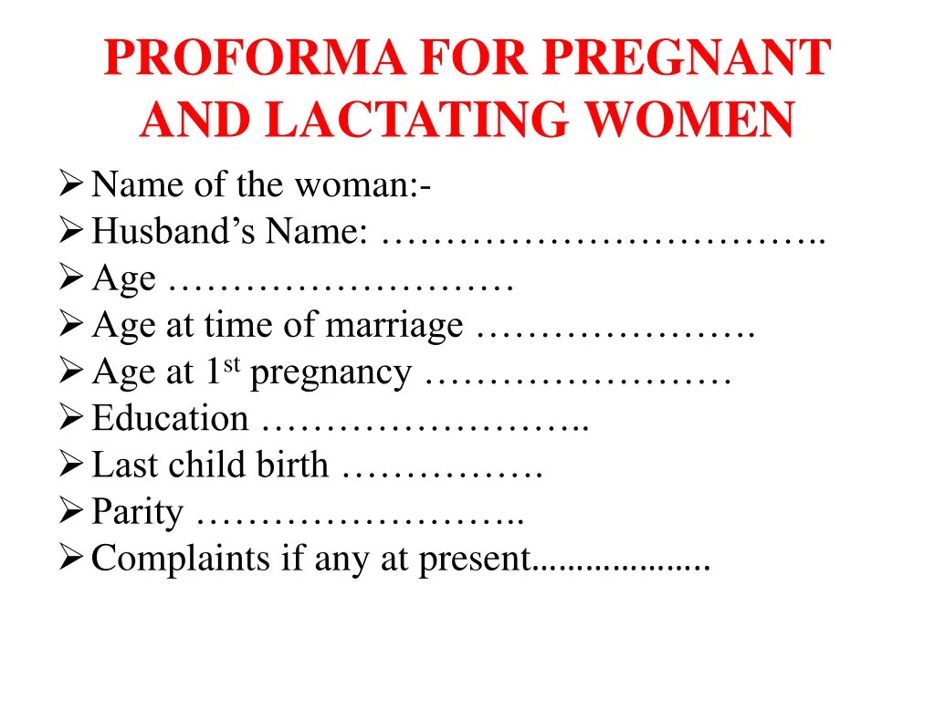 proforma for pregnant and lactating women name